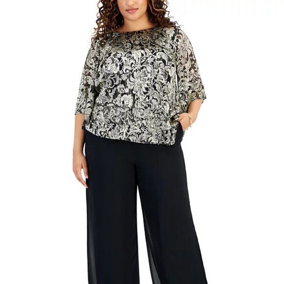 Alex Evenings Scoop-Neck 3/4-Sleeve Metallic Top Black Gold - Picture 1 of 4